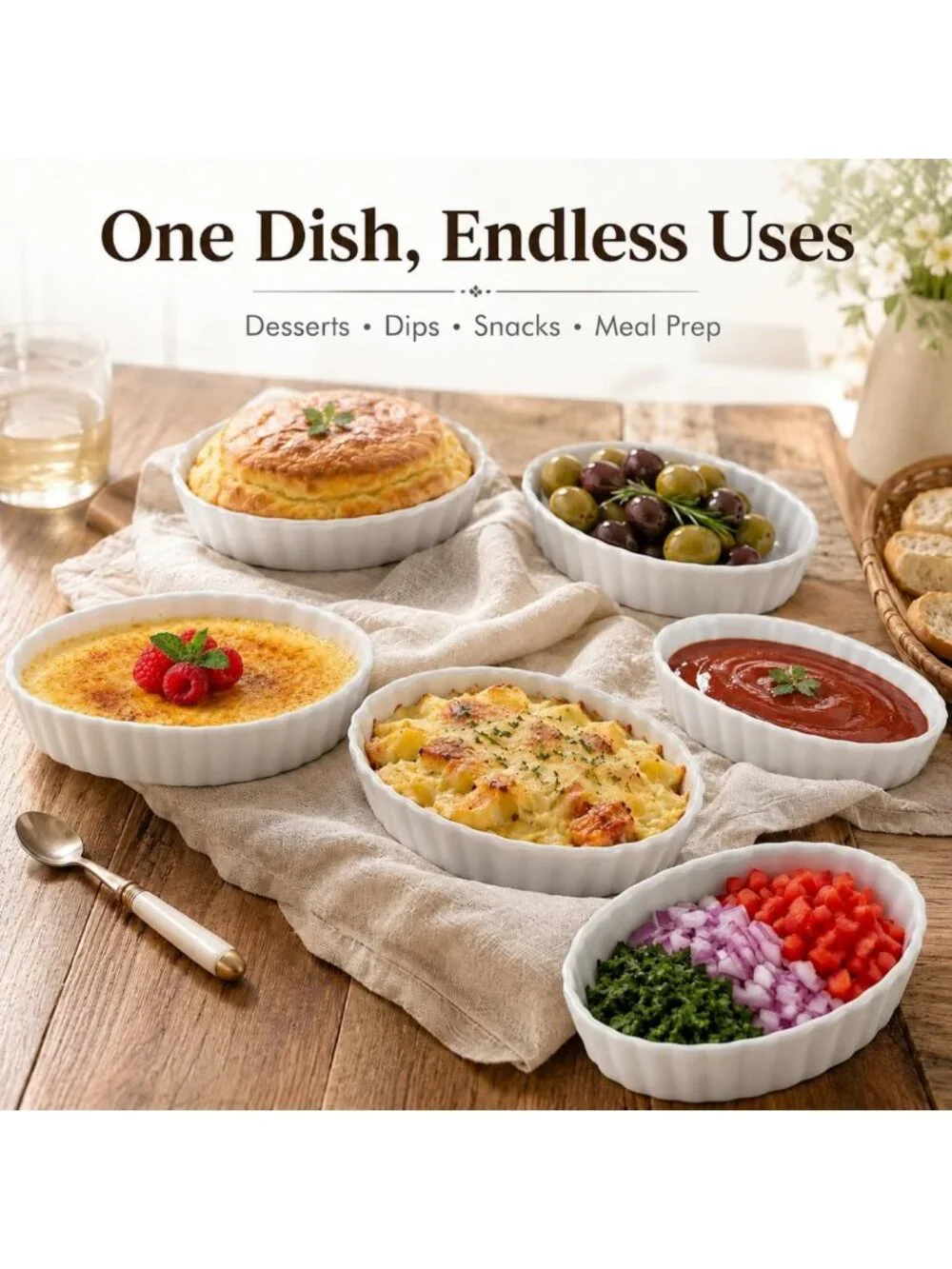 Set of 6 Oven Safe Ceramic Ramekins - 4 Oz White Dishes for Creme Brulee